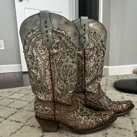 Corral Glitter Embellished Heeled Boots - Brown and Gold - Picture 3 of 7